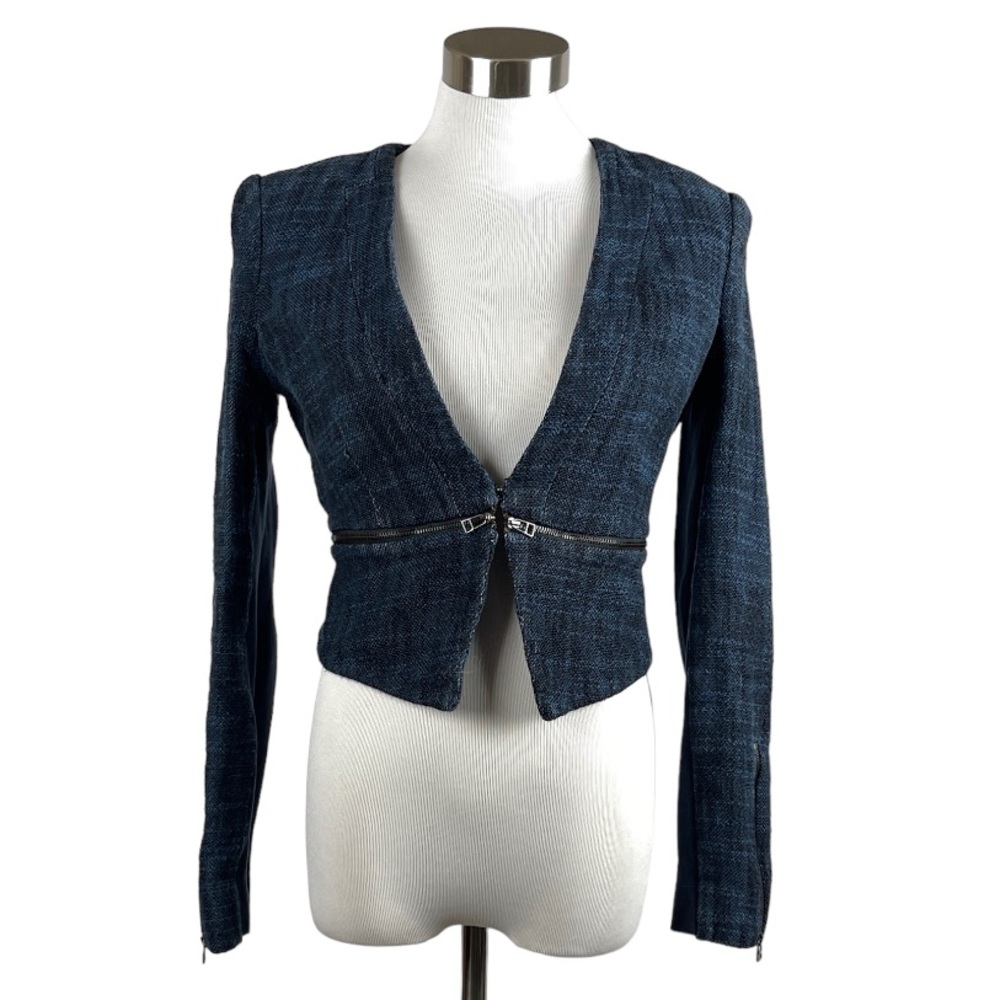 BCBG Max Azria Blue Tweed V-Neck Peplum Blazer, Jacket w/ Zippers Size XS